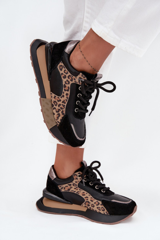 Sneakers in pelle da donna con piattaforma e stampa leopardata in nero Artiker 55C0134