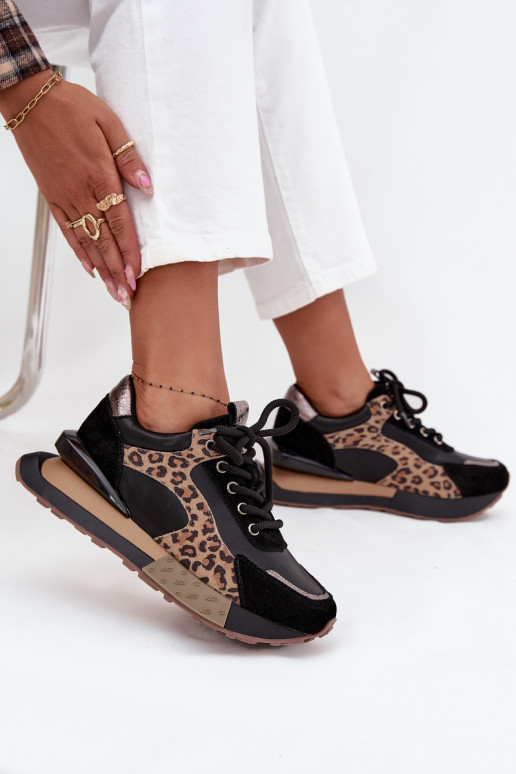 Sneakers in pelle da donna con piattaforma e stampa leopardata in nero Artiker 55C0134
