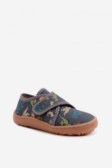 Pantofole per bambini maschi con chiusure adesive Barefoot Dinozaurai Froddo G1700438-26 grigie
