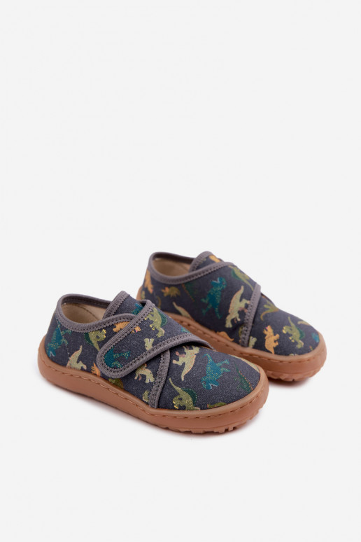 Pantofole per bambini maschi con chiusure adesive Barefoot Dinozaurai Froddo G1700438-26 grigie