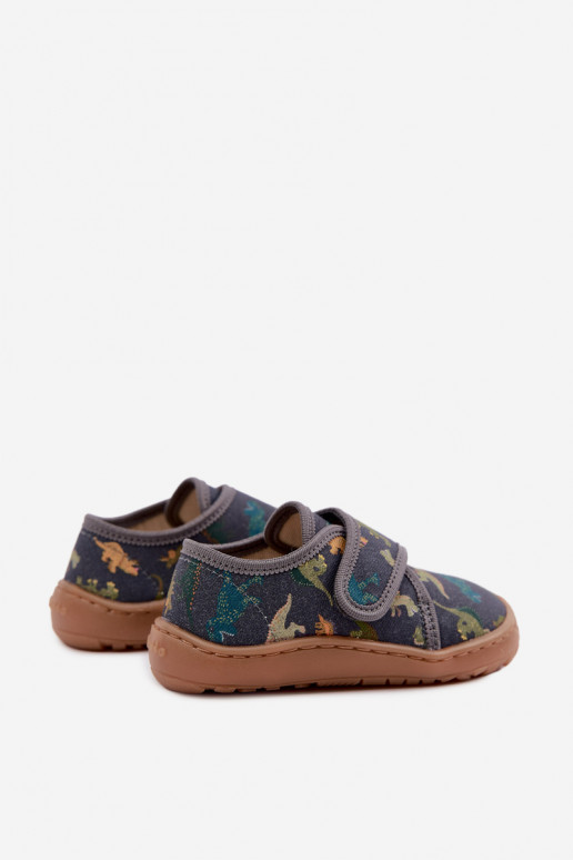 Pantofole per bambini maschi con chiusure adesive Barefoot Dinozaurai Froddo G1700438-26 grigie