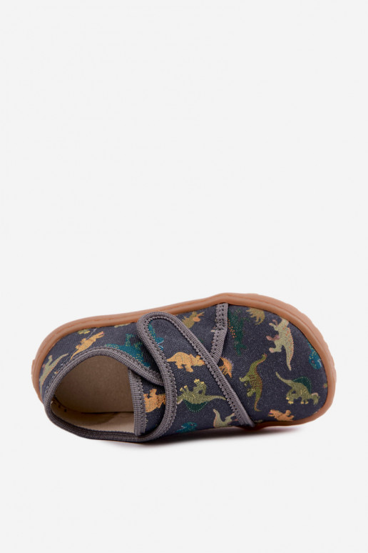 Pantofole per bambini maschi con chiusure adesive Barefoot Dinozaurai Froddo G1700438-26 grigie