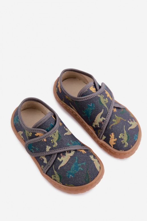 Pantofole per bambini maschi con chiusure adesive Barefoot Dinozaurai Froddo G1700438-26 grigie