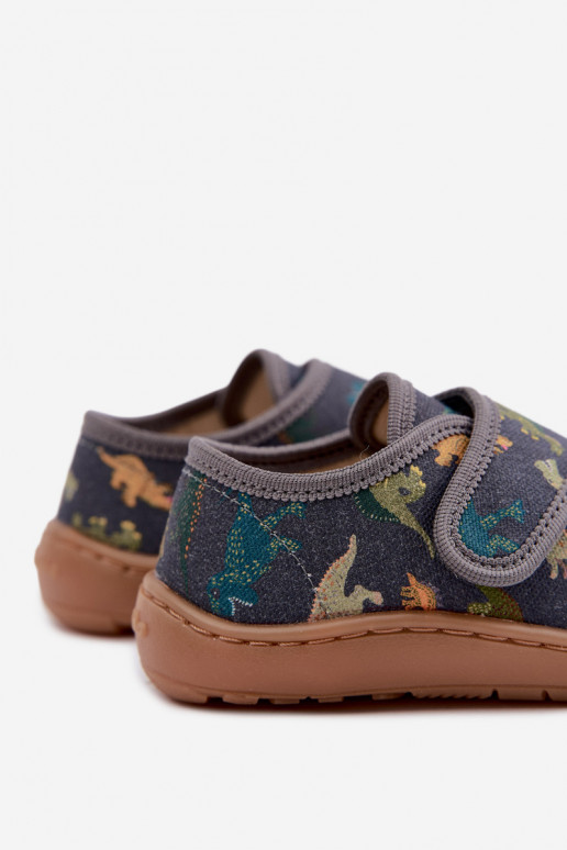 Pantofole per bambini maschi con chiusure adesive Barefoot Dinozaurai Froddo G1700438-26 grigie