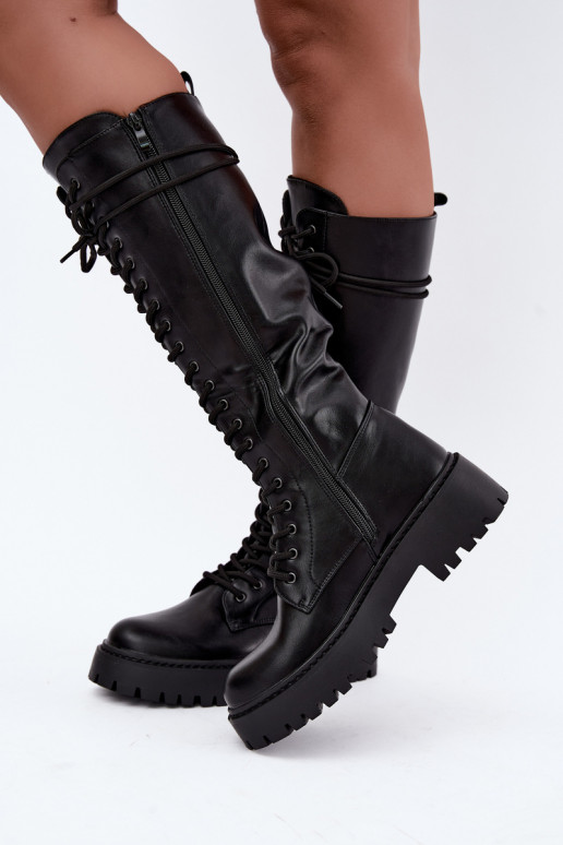 Stivali alti da donna con lacci e piattaforma, neri Jalira