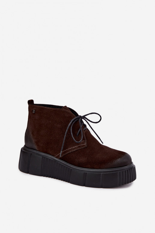 Scarpe da donna in pelle in finta suede riscaldate con piattaforma in marrone Zazoo 60588