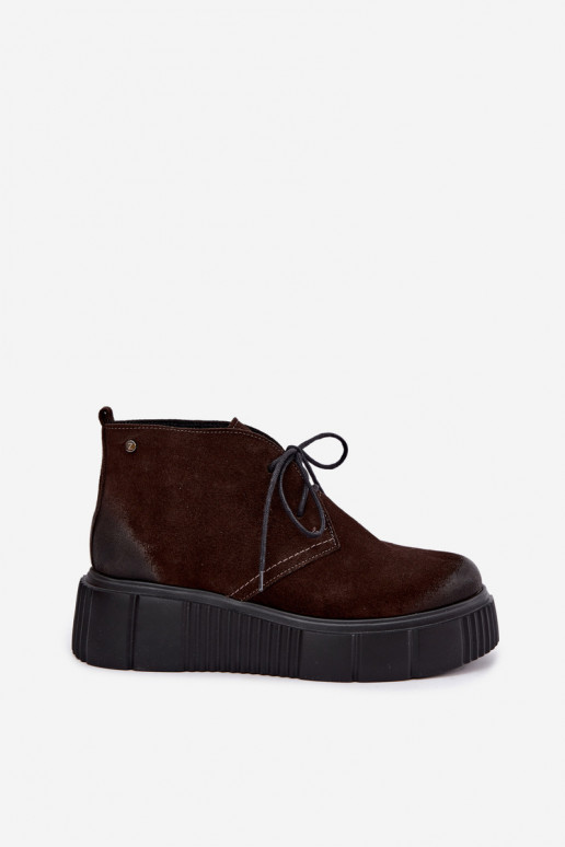 Scarpe da donna in pelle in finta suede riscaldate con piattaforma in marrone Zazoo 60588