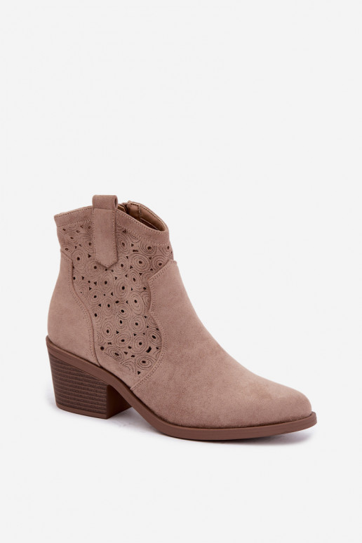 Stivaletti cowboy in pelle traforata color sabbia con tacco S.Barski HY62-8147