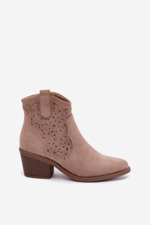 Stivaletti cowboy in pelle traforata color sabbia con tacco S.Barski HY62-8147