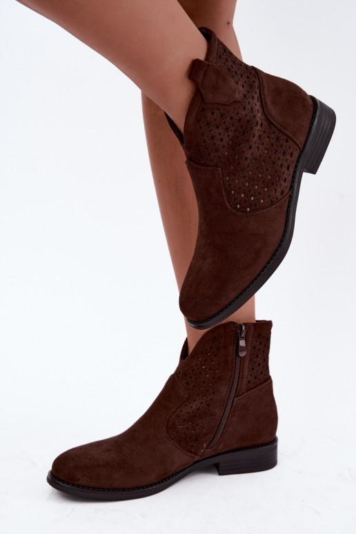 Stivaletti con tacco largo e gambale traforato S.Barski HY62-8151 cioccolato