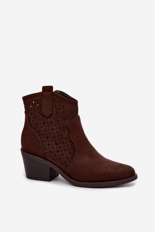 Stivaletti in stile cowboy con tacco e elementi traforati S.Barski HY62-8149 cioccolato