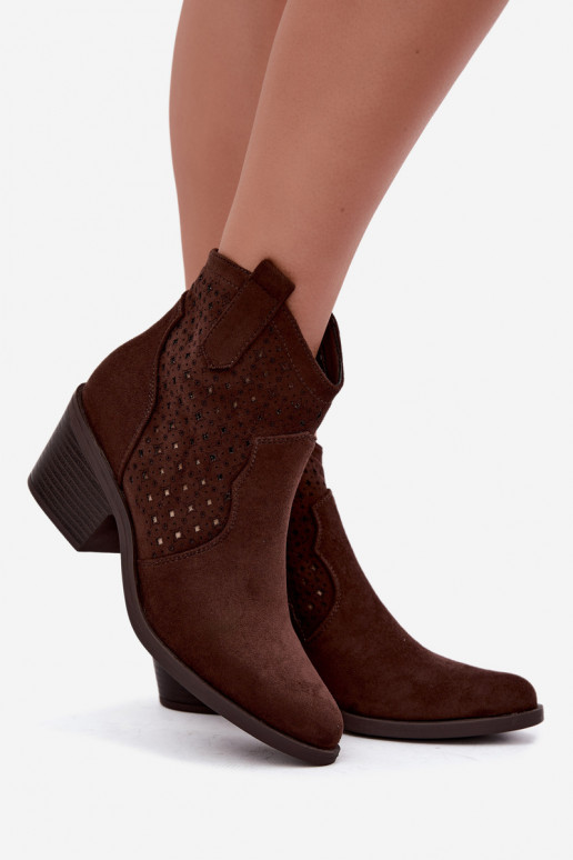 Stivaletti in stile cowboy con tacco e elementi traforati S.Barski HY62-8149 cioccolato