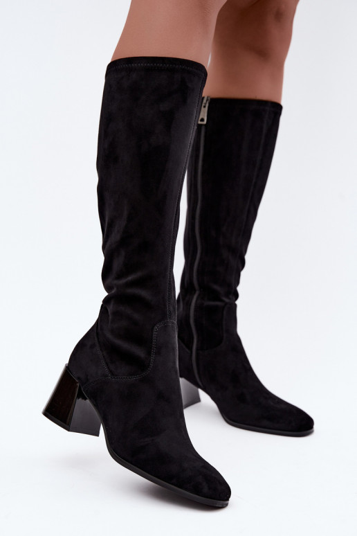 Stivali lunghi da donna in suede con tacco Vinceza 58697 nero