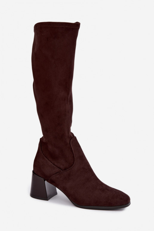 Stivali lunghi da donna in suede con tacco Vinceza 58697 cioccolato