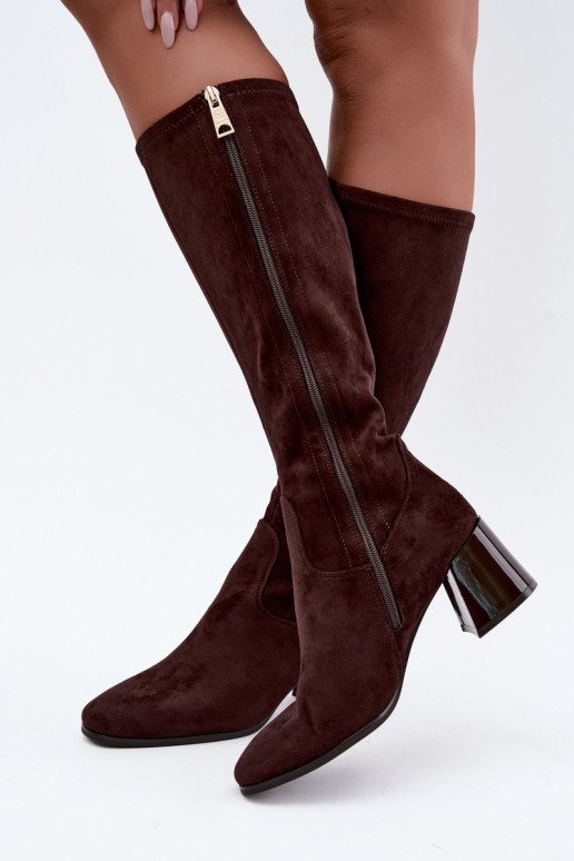 Stivali lunghi da donna in suede con tacco Vinceza 58697 cioccolato