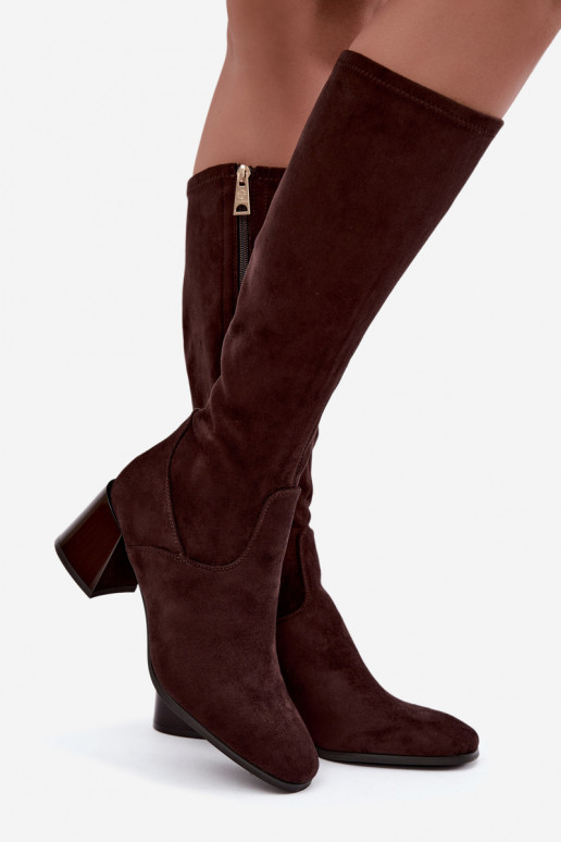 Stivali lunghi da donna in suede con tacco Vinceza 58697 cioccolato
