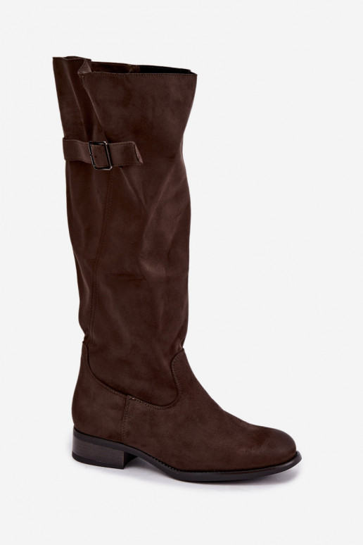 Stivali alti khaki da donna con tacco largo e fibbie Farela