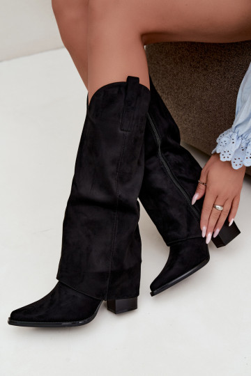 Stivali alti in stile cowboy foderati con tacco e colletto cucito in nero Julena