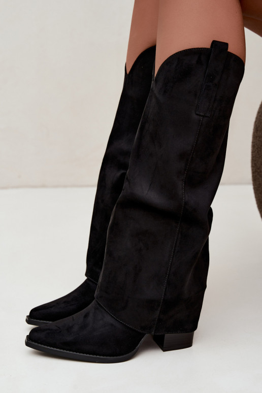 Stivali alti in stile cowboy foderati con tacco e colletto cucito in nero Julena