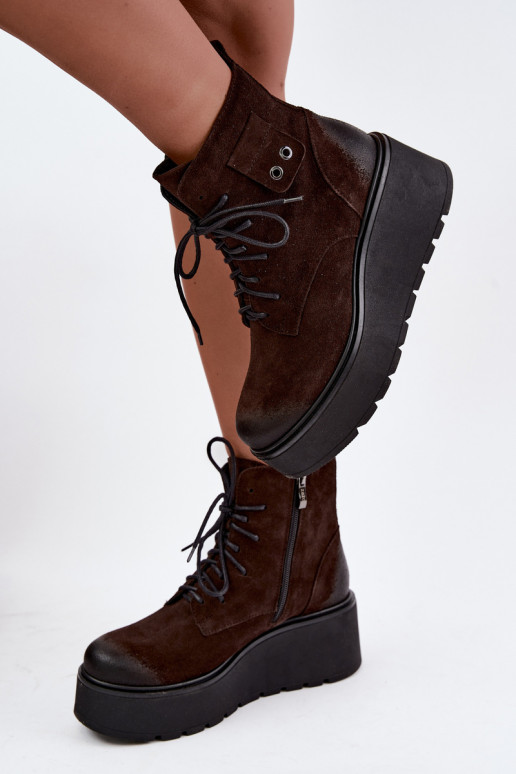 Zazoo 60499 stivaletti da donna in faux suede con plateau color cioccolato