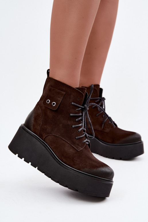 Zazoo 60499 stivaletti da donna in faux suede con plateau color cioccolato
