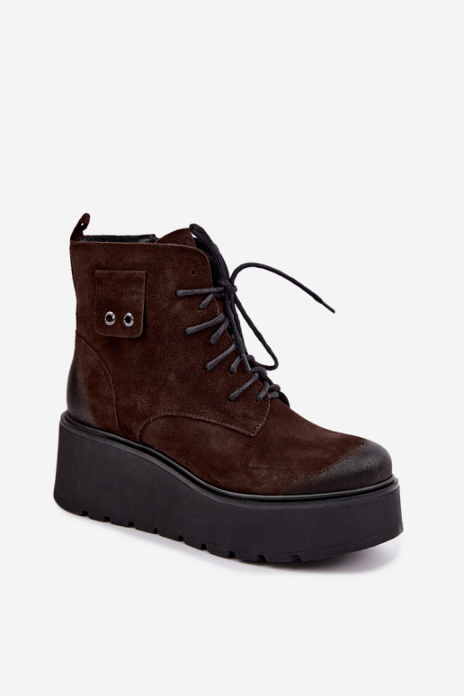 Zazoo 60499 stivaletti da donna in faux suede con plateau color cioccolato