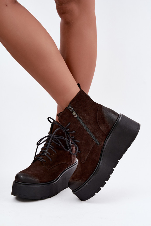 Zazoo 60499 stivaletti da donna in faux suede con plateau color cioccolato
