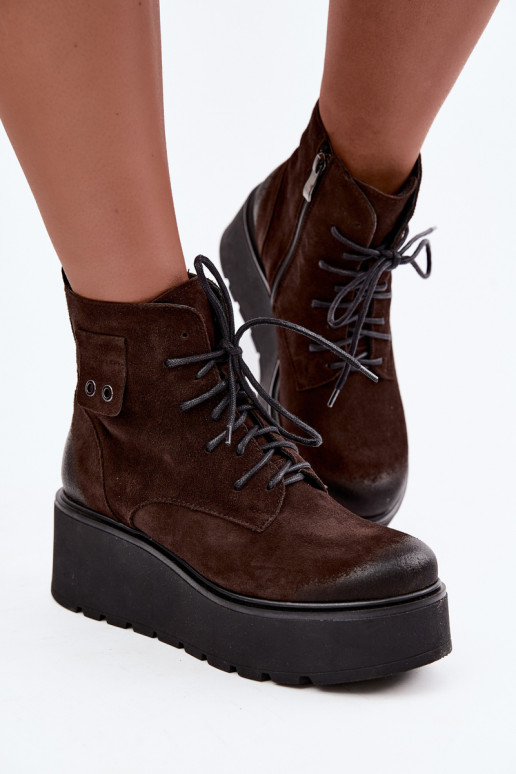 Zazoo 60499 stivaletti da donna in faux suede con plateau color cioccolato