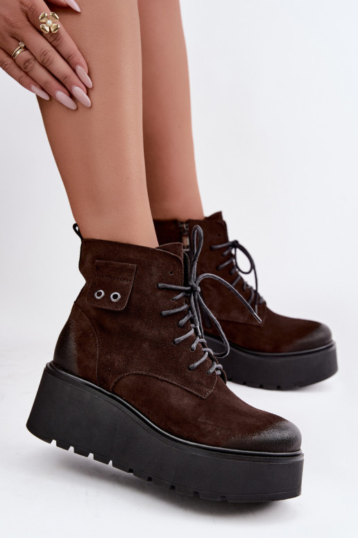 Zazoo 60499 stivaletti da donna in faux suede con plateau color cioccolato