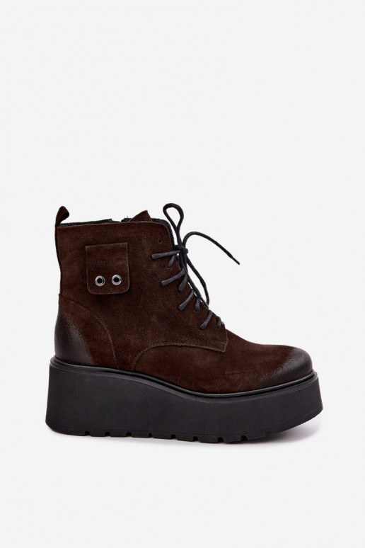 Zazoo 60499 stivaletti da donna in faux suede con plateau color cioccolato