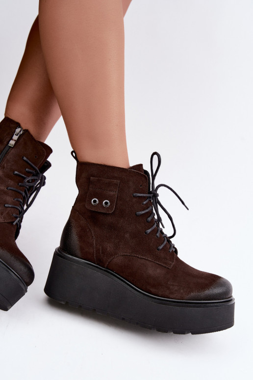 Zazoo 60499 stivaletti da donna in faux suede con plateau color cioccolato