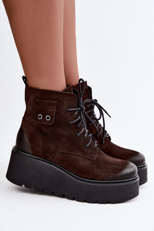 Zazoo 60499 stivaletti da donna in faux suede con plateau color cioccolato
