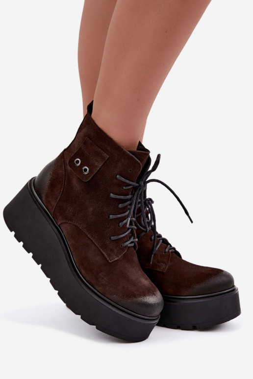 Zazoo 60499 stivaletti da donna in faux suede con plateau color cioccolato