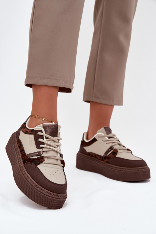 Sneakers da donna beige-marroni con piattaforma e motivo leopardato Big Star SS274356