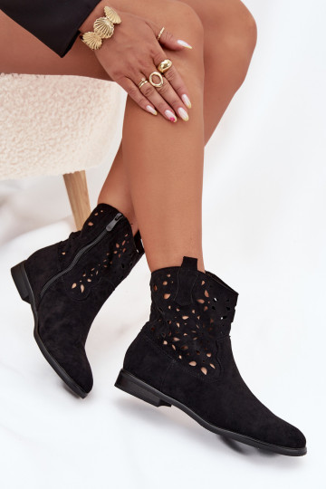 Stivaletti da donna con elementi traforati e tacco largo in suede sintetico nero Athera