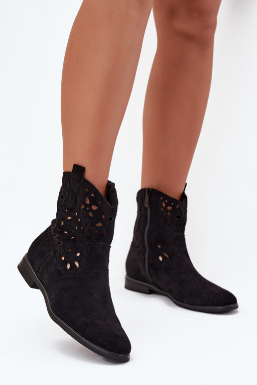 Stivaletti da donna con elementi traforati e tacco largo in suede sintetico nero Athera