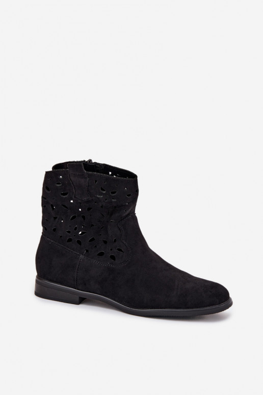 Stivaletti da donna con elementi traforati e tacco largo in suede sintetico nero Athera