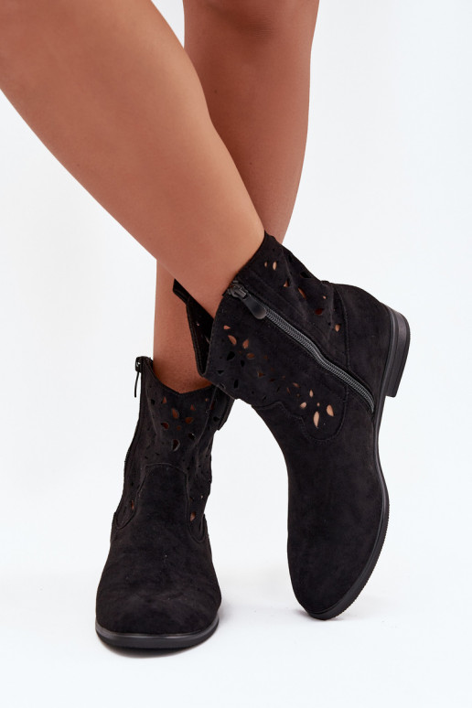 Stivaletti da donna con elementi traforati e tacco largo in suede sintetico nero Athera