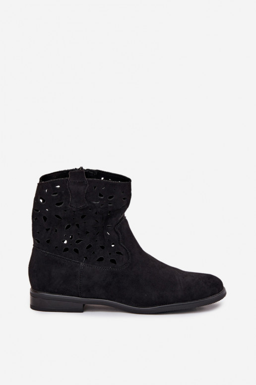 Stivaletti da donna con elementi traforati e tacco largo in suede sintetico nero Athera