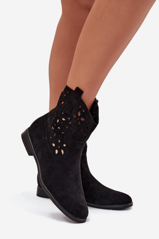 Stivaletti da donna con elementi traforati e tacco largo in suede sintetico nero Athera