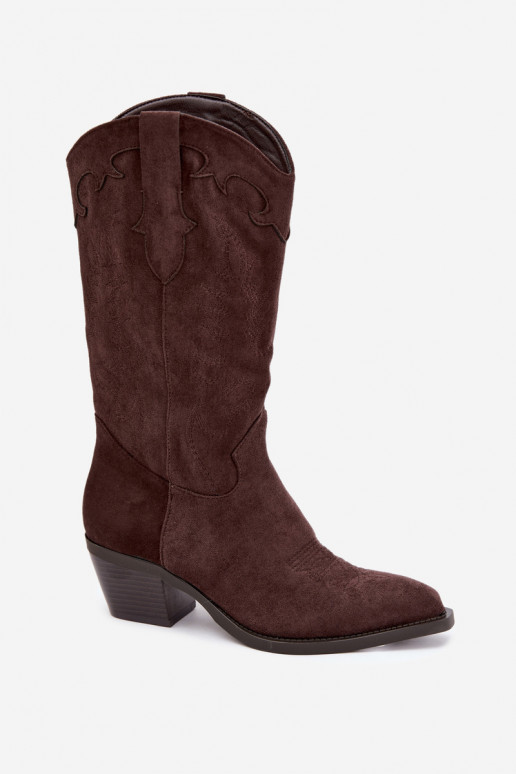 Stivali color cioccolato in suede sintetico stile cowboy con tacchi Jarissa