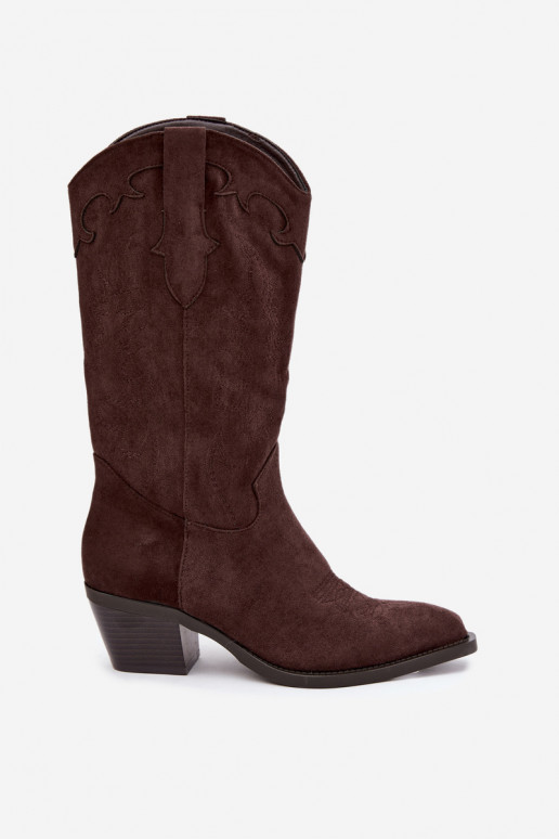 Stivali color cioccolato in suede sintetico stile cowboy con tacchi Jarissa