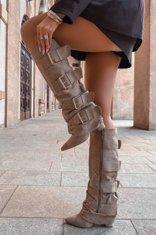 stivali alti da donna con gambale cucito in oro con fibbie in ecopelle color khaki Isa