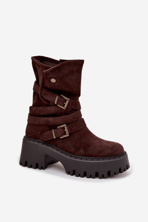 Stivaletti da donna con tacco massiccio, fibbie e cinturini, color cioccolato, Nerelisa