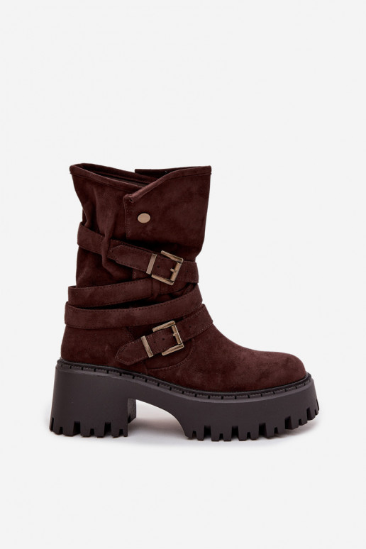Stivaletti da donna con tacco massiccio, fibbie e cinturini, color cioccolato, Nerelisa