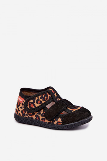 Pantofole per bambini Milami con chiusure adesive e motivi leopardati in nero e giallo Reathiana