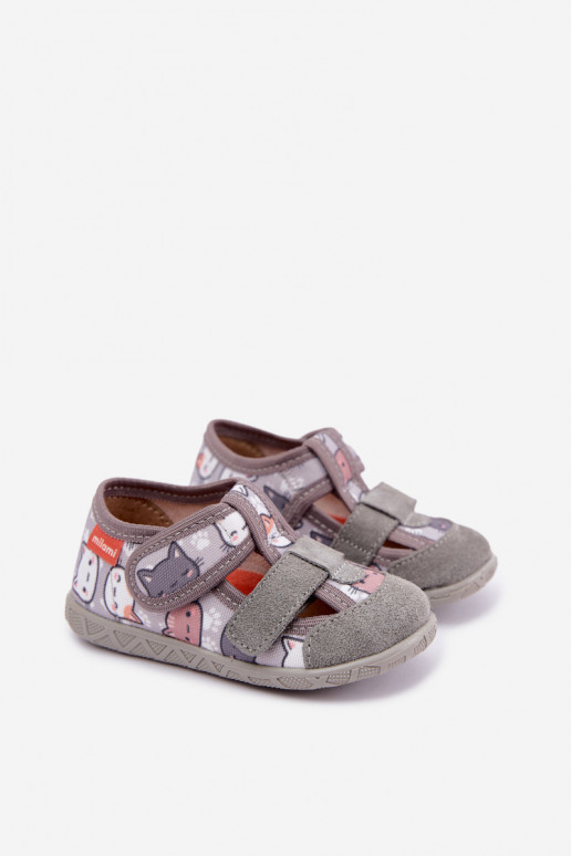 Pantofole per bambini Milami con chiusure adesive e gatti in grigio Reathiana