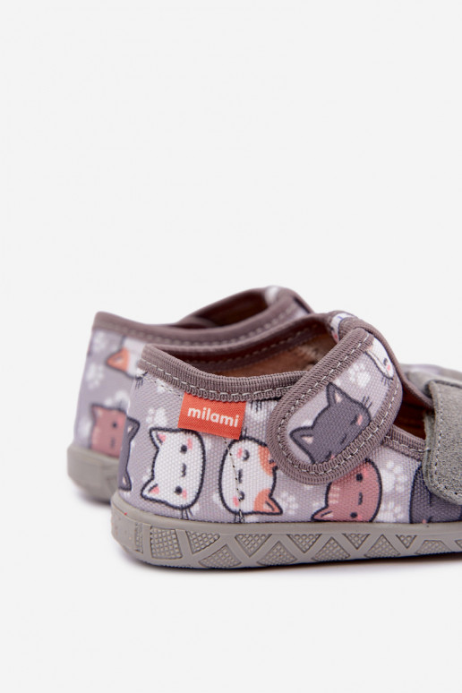 Pantofole per bambini Milami con chiusure adesive e gatti in grigio Reathiana