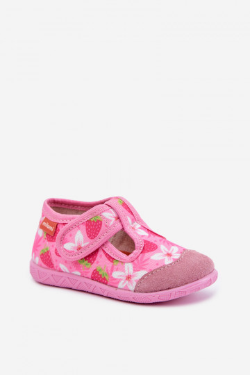 Pantofole per bambini Milami con chiusure adesive e fragole e fiori in rosa Jasimrra