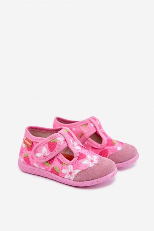 Pantofole per bambini Milami con chiusure adesive e fragole e fiori in rosa Jasimrra
